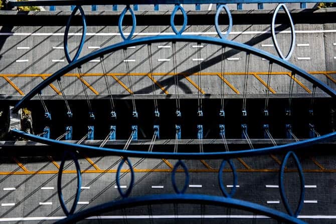 Aerial bview of a model of a suspension bridge