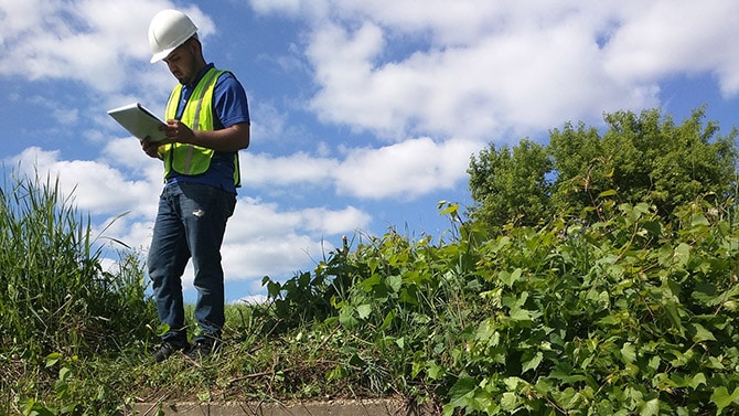 Worker with yellow vest surveys field