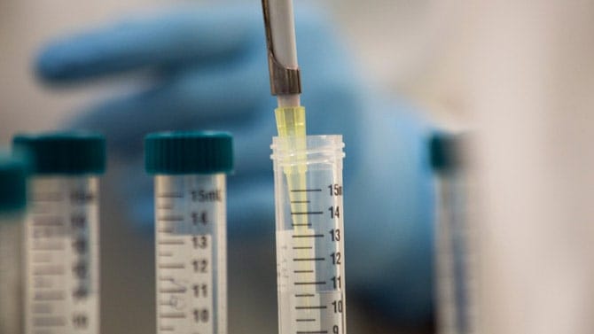 Close-up of a researcher inserting a syringe into a vial