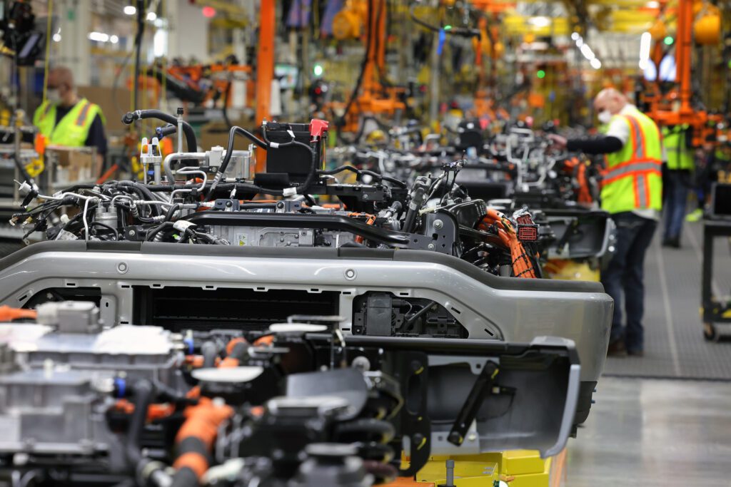 Production underway at the Ford Rouge Electric Vehicle Center in Dearborn, Michigan on Friday, January 21, 2022. The EV Scholars Program will help expand the EV and mobility workforce to fill in-demand, high-growth jobs. Ford is one of eight participating employers. Photo: Brenda Ahearn/University of Michigan, College of Engineering