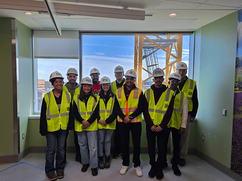 CEE students visiting active construction sites as a part of their coursework: the College of Pharmacy building and the Kahn Health Care Pavilion.