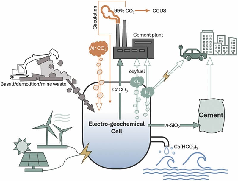 Schematic of the electrochemical approach integrated into cement manufacturing and carbon capture, utilization and storage. Renewable energy and basalt/demolition/mine waste feed into an electro-geochemical cell. The cell captures carbon dioxide and produces calcium carbonate, silica, oxygen gas, hydrogen gas which all feed into the cement industry. Hydrogen gas can also produce electricity for cars and the dissolved bicarbonate can help reduce ocean acidification.